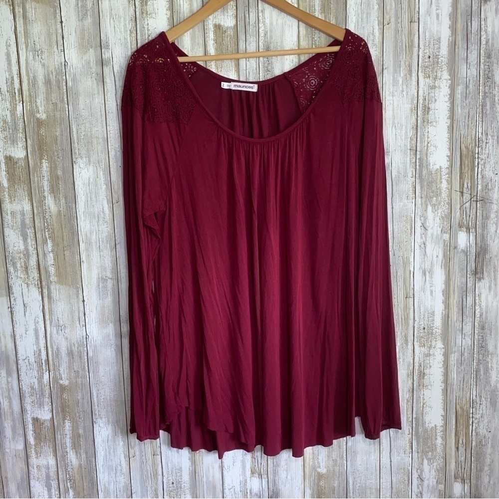 Maurices Red Lace Shoulder Raw Hem Blouse
